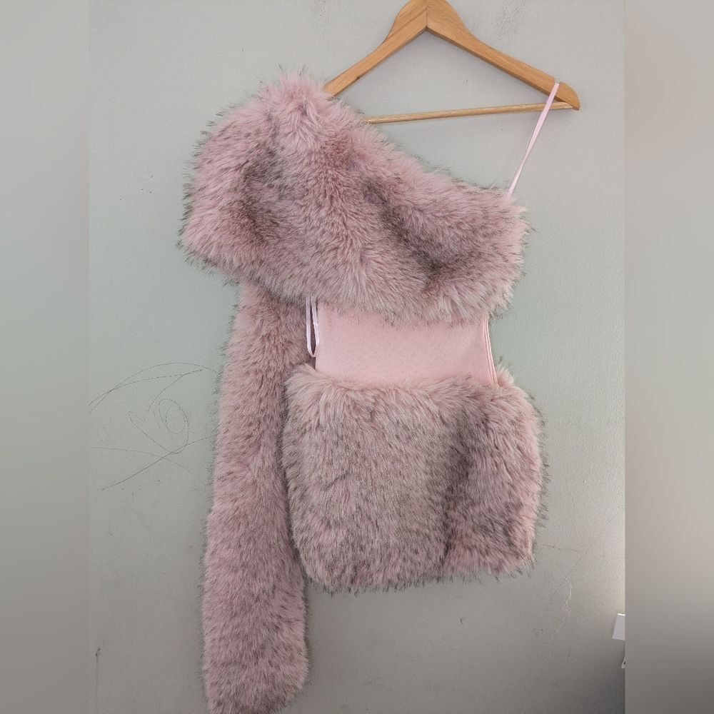 Atoir Pink Faux Fur One Sleeve Cutout Mesh Mini Dress Size 4 Glam Party Event